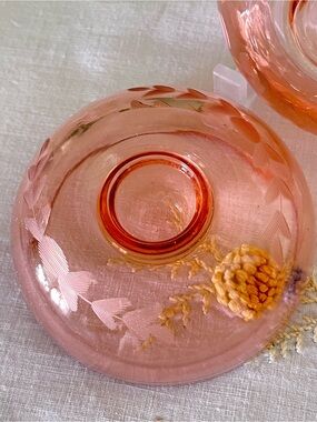 Vintage Pink Etched Candlestick Holders Pair Elegant Glass Console c. 1920s-30s